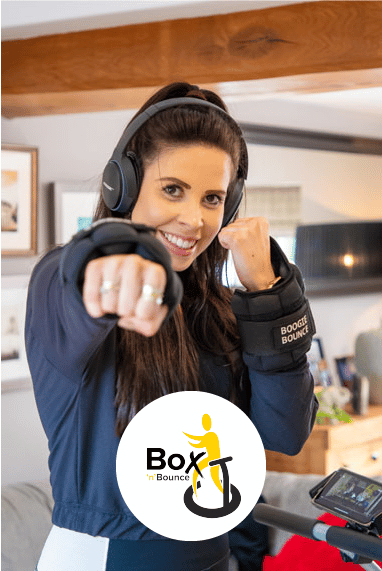 lady rebounding to the Box and Bounce routine, wearing boogie bounce wrist weights